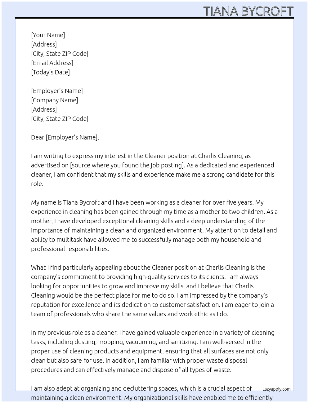 Cleaner At Charlis Cleaning Cover Letter