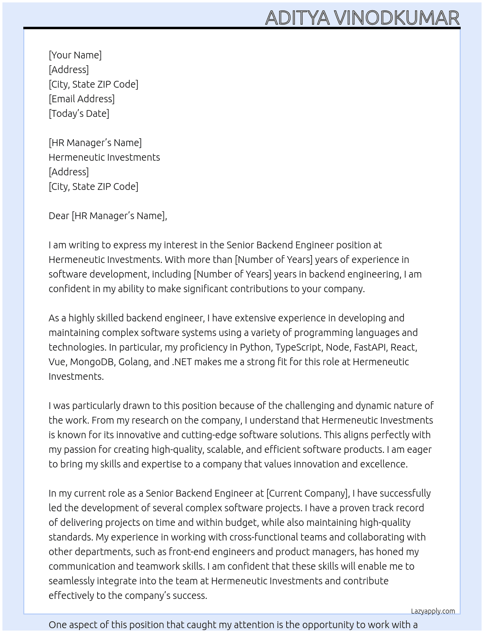 Senior backend engineer At Hermeneutic Investments Cover Letter