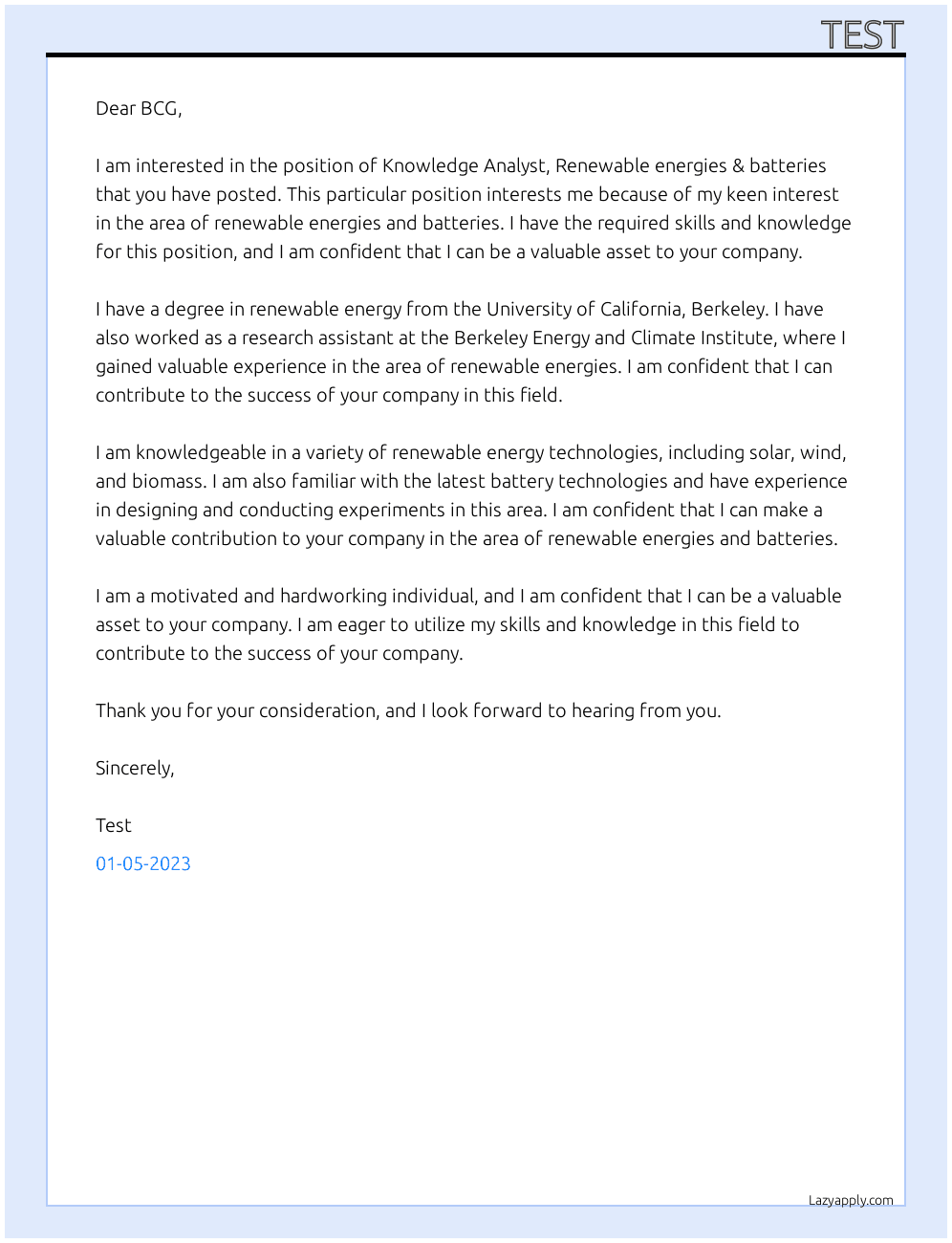 Knowledge Analyst, Renewable energies & batteries At BCG Cover Letter