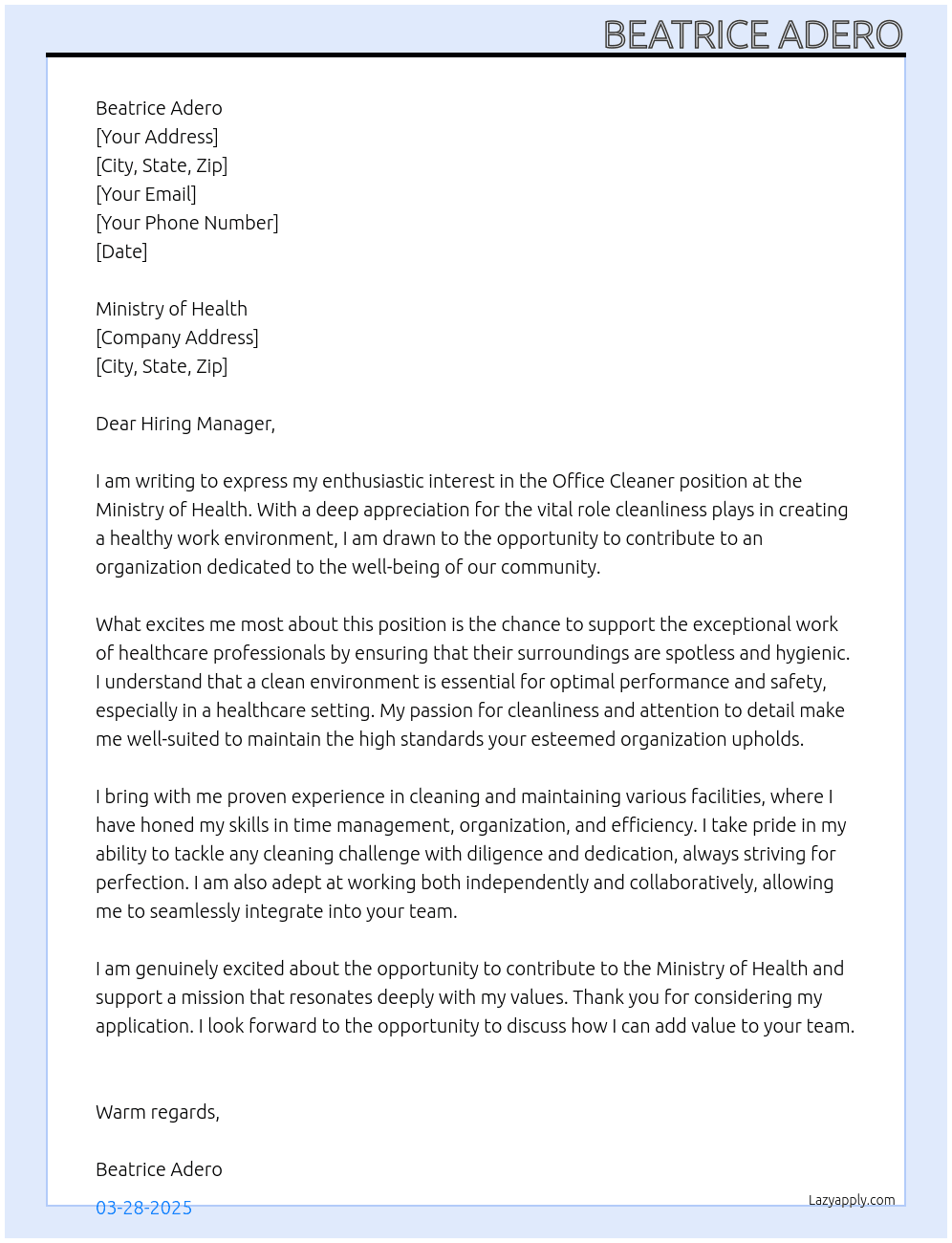 Office cleaner At Ministry of health  Cover Letter