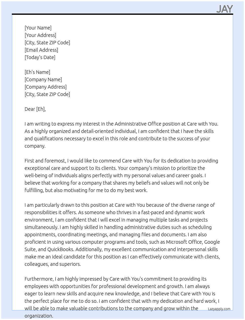 Administrative Office At Care with You Cover Letter