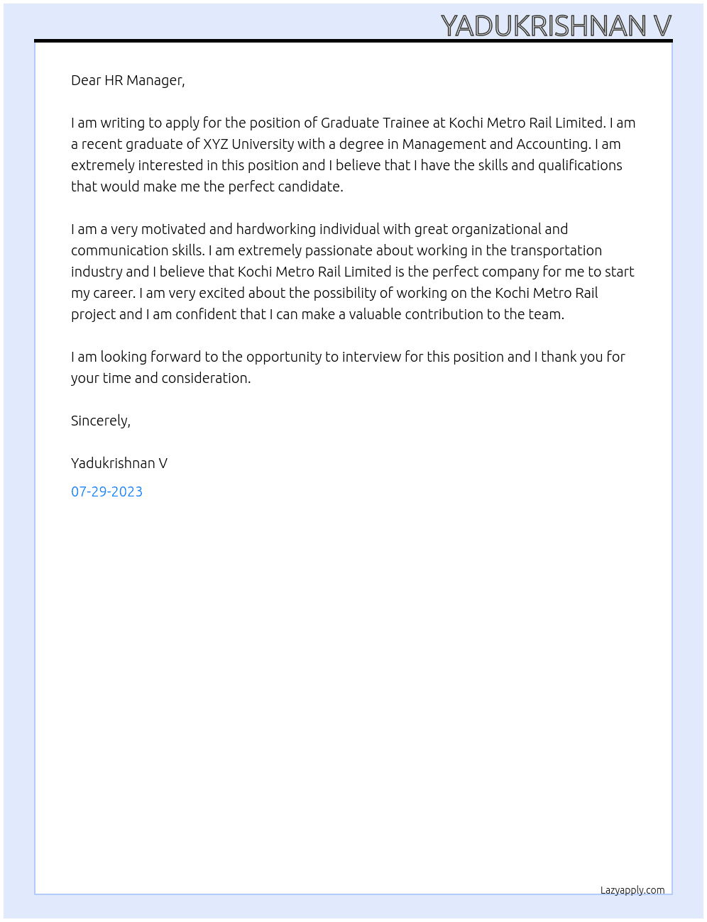 Graduate trainee  At Kochi Metro Rail Limited  Cover Letter