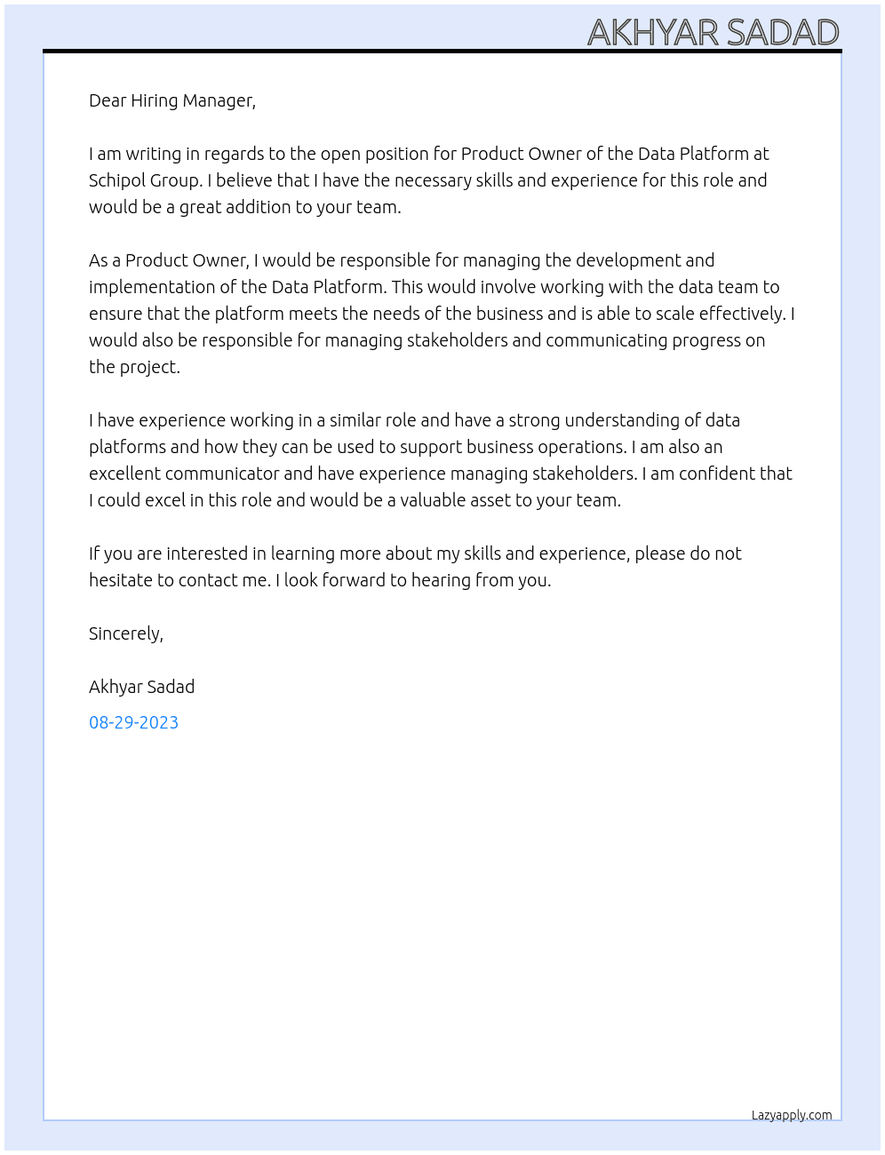 product owner data platform At Schipol Group Cover Letter