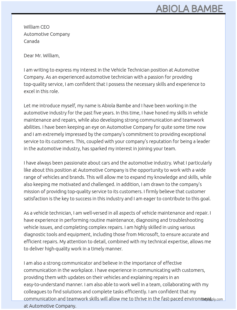 Vehicle Technician  At Automotive  Cover Letter