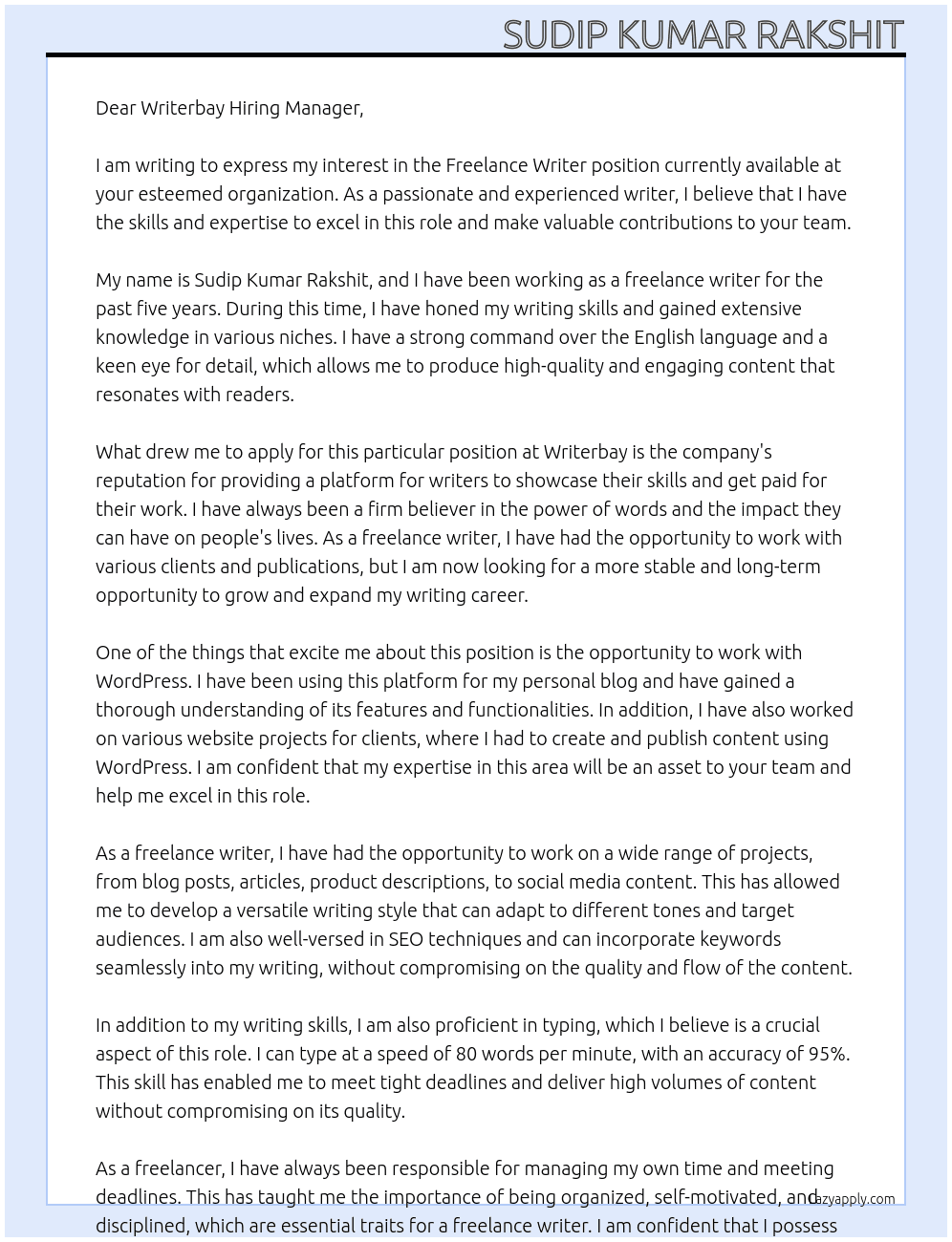 Cover letter for freelancer writer - LazyApply