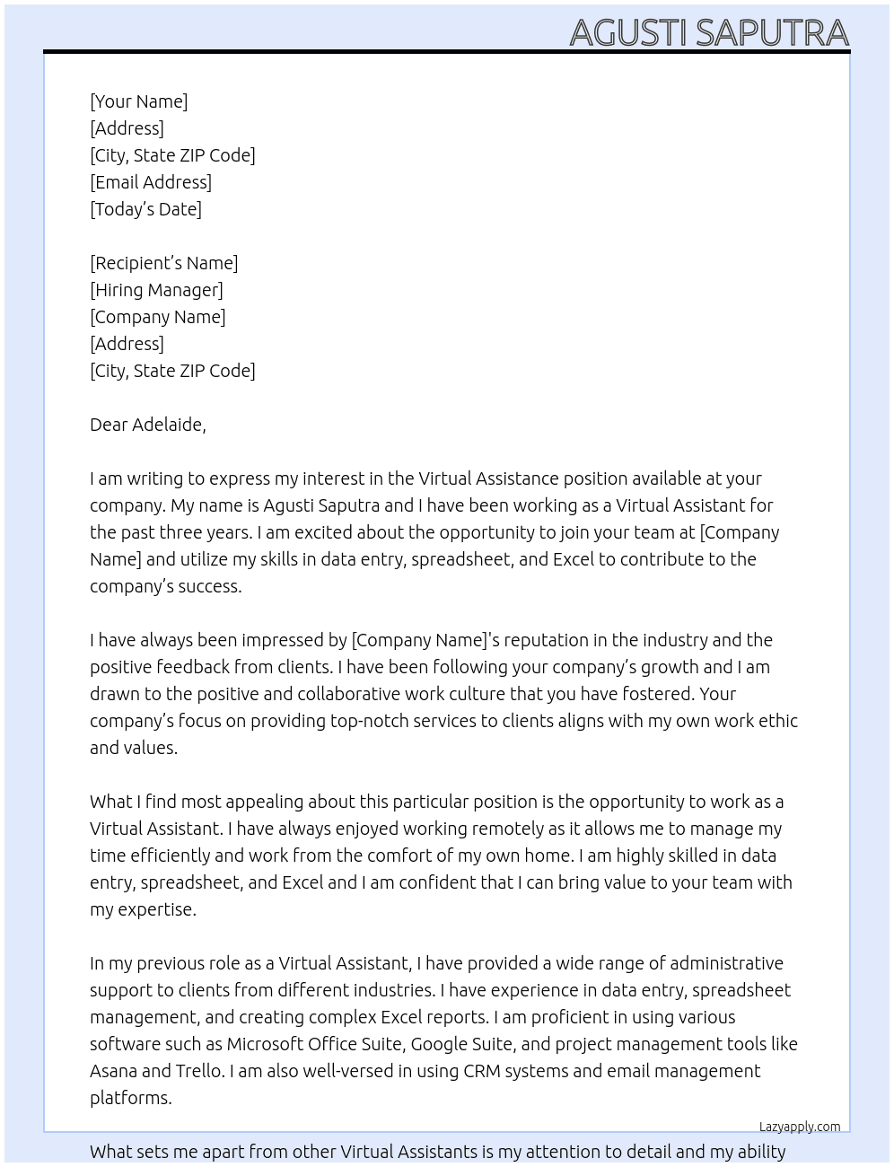 Virtual Asisstance At adelaide Cover Letter