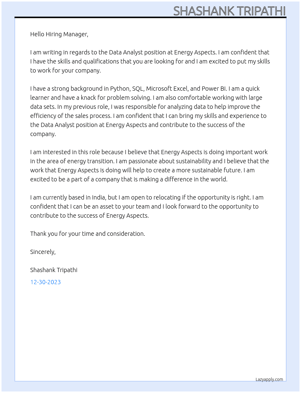 Data Analyst At Energy Aspects Cover Letter