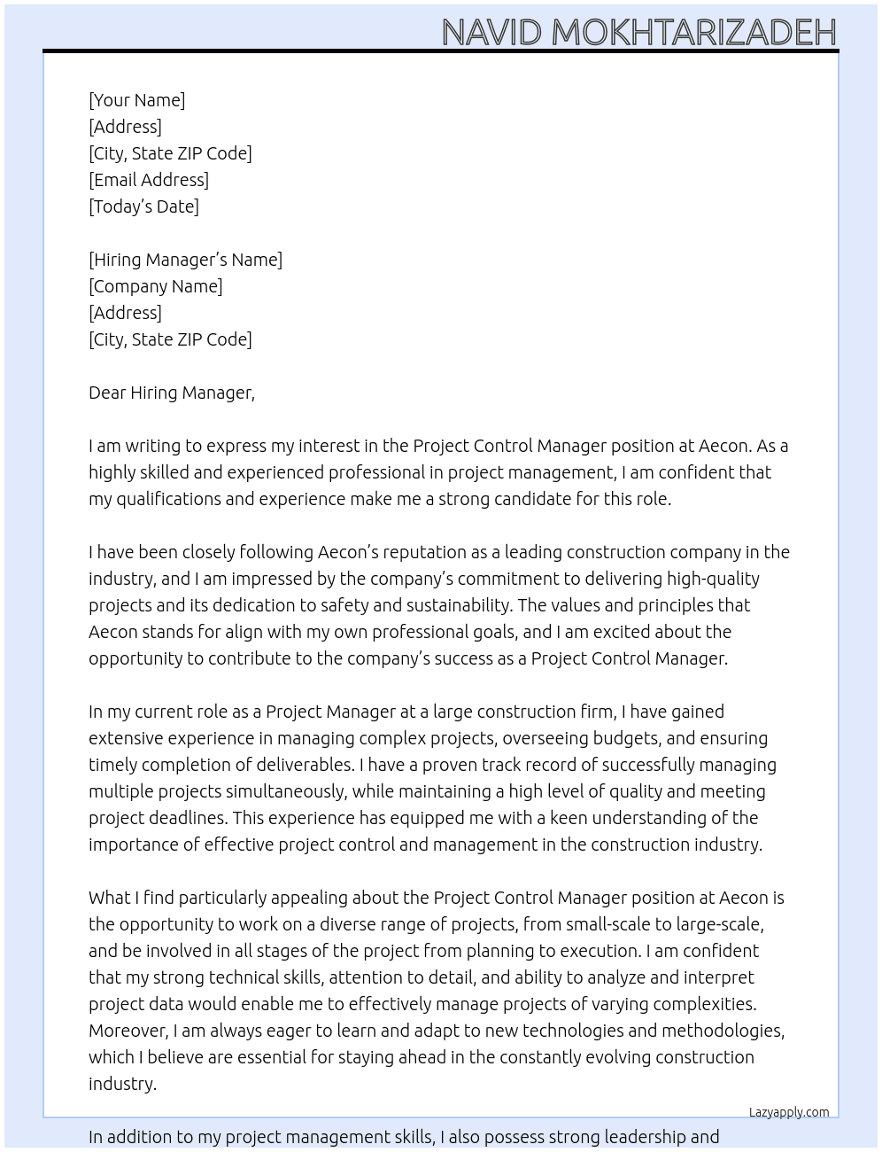 Project Control Manager At Aecon Cover Letter