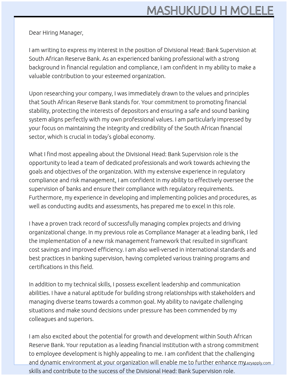 Divisional Head: Bank Supervision At South African Reserve Bank Cover Letter