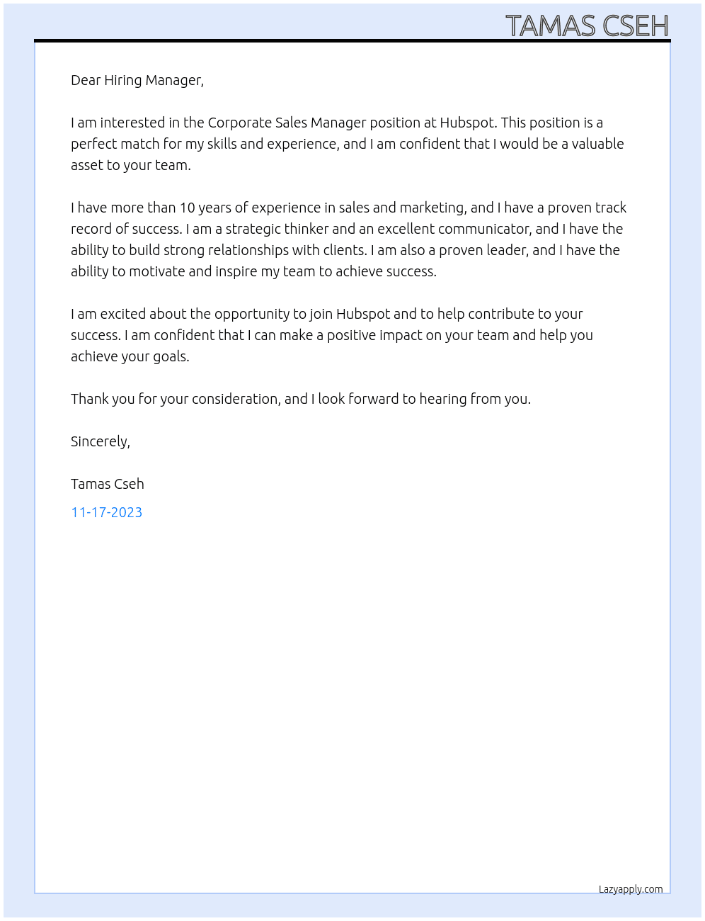 Corporate Sales Manager At Hubspot Cover Letter