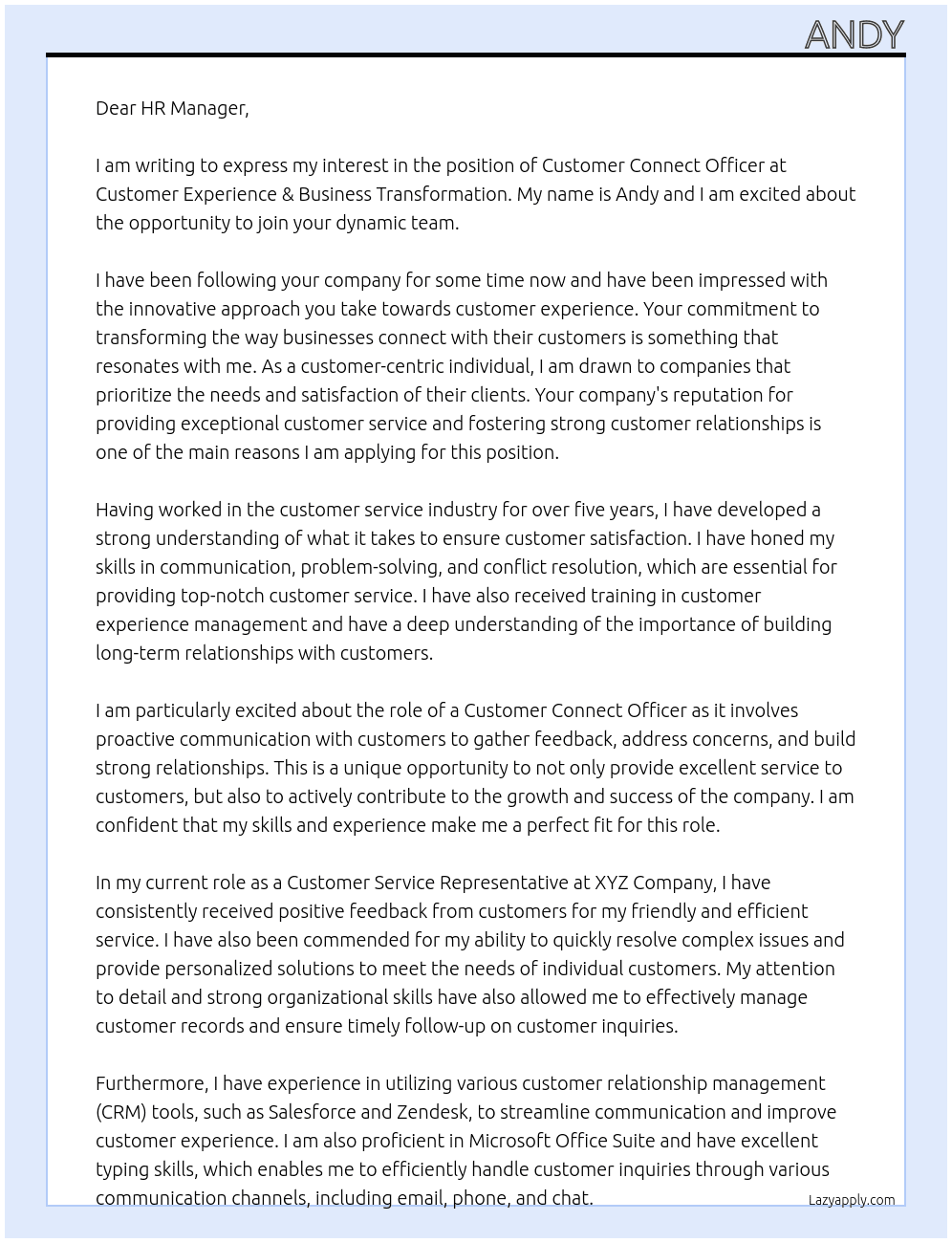 Customer Connect Officer  At Customer Experience & Business Transformation Cover Letter