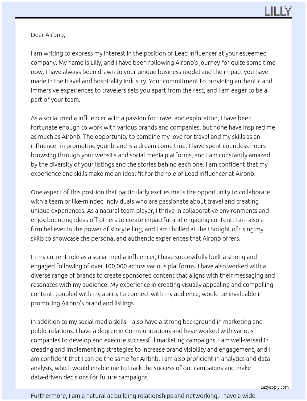 Cover letter for lead influencer - LazyApply