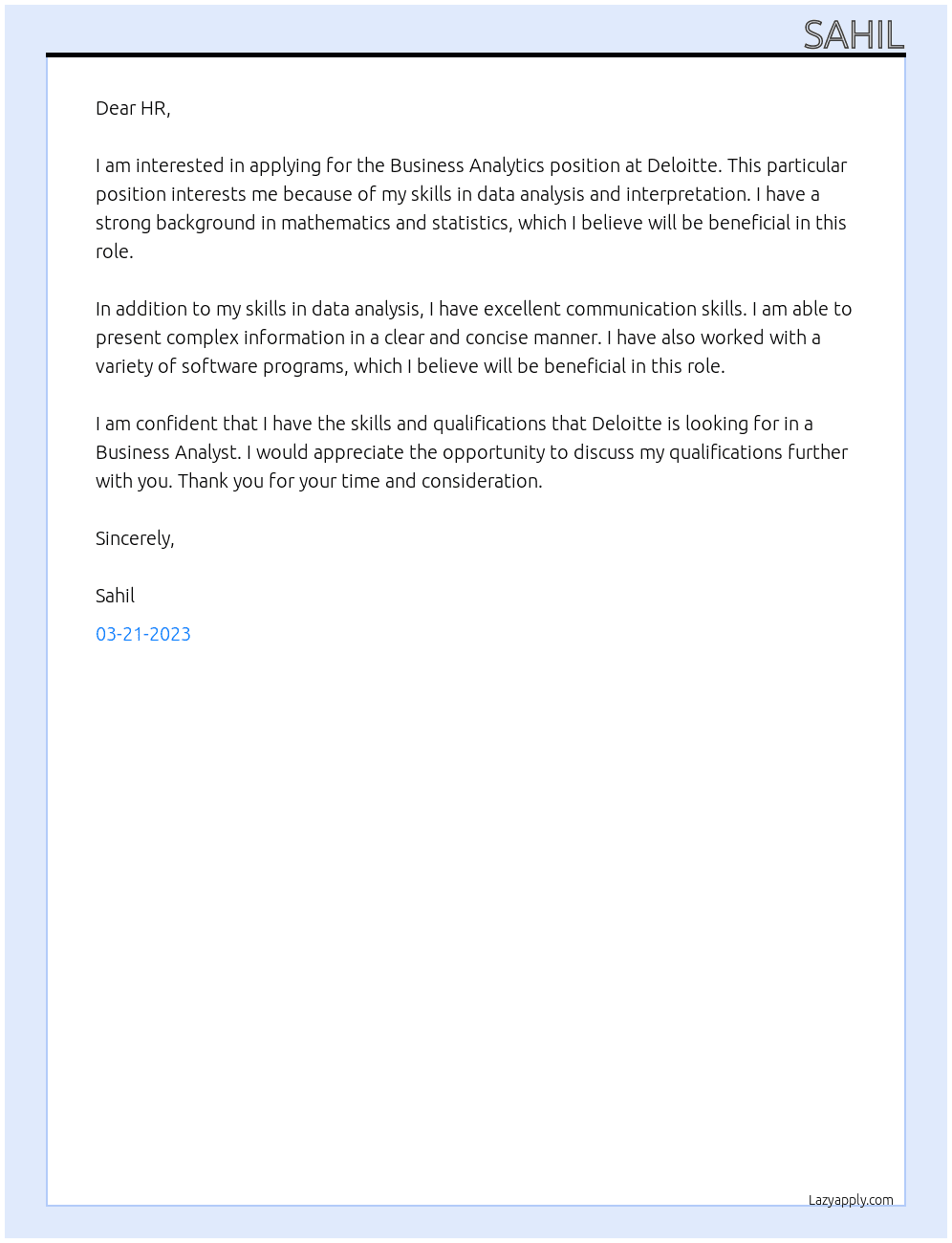 Business analytics At Deloitte Cover Letter