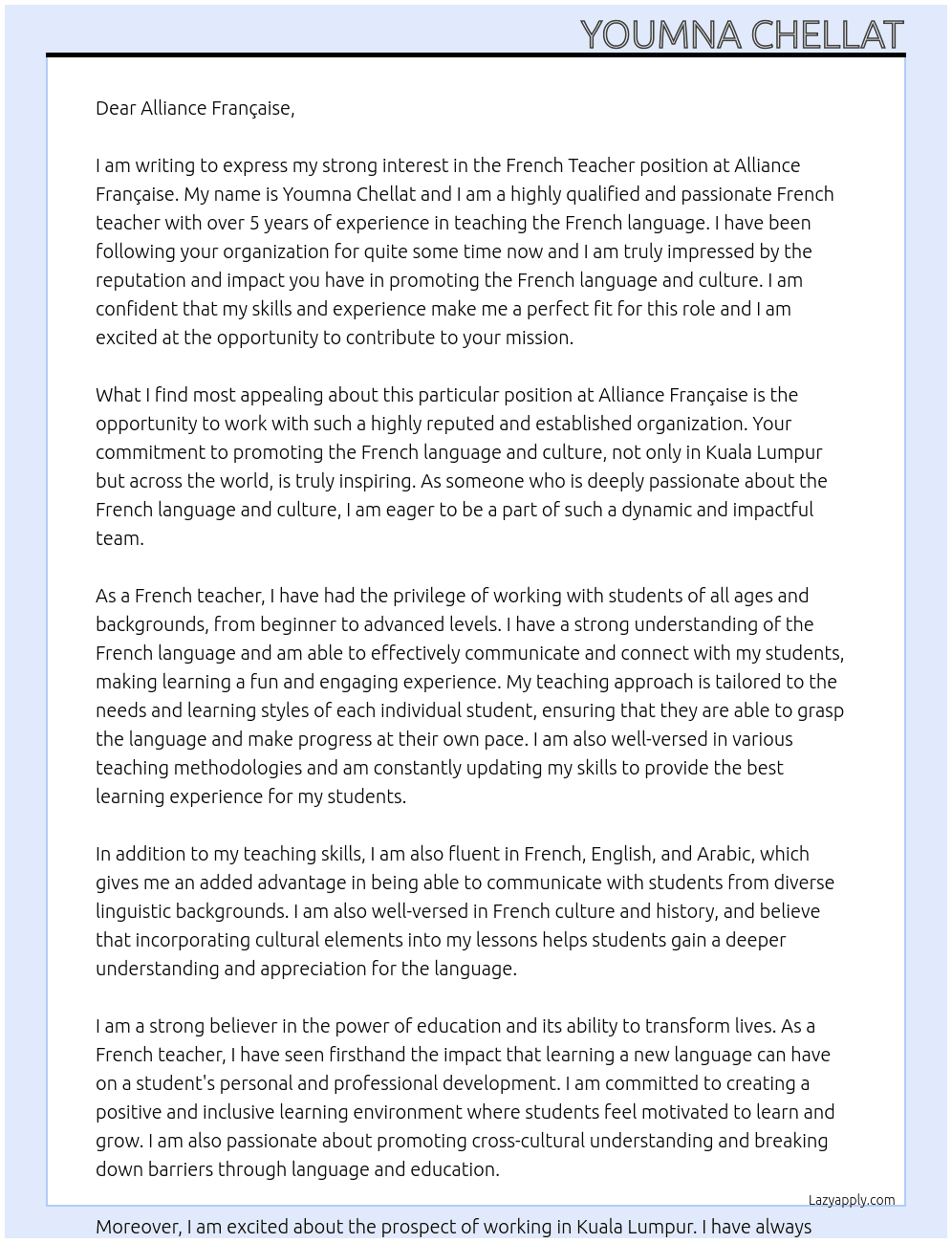 FRENCH TEACHER  At ALLIANCE FRANCAISE  Cover Letter