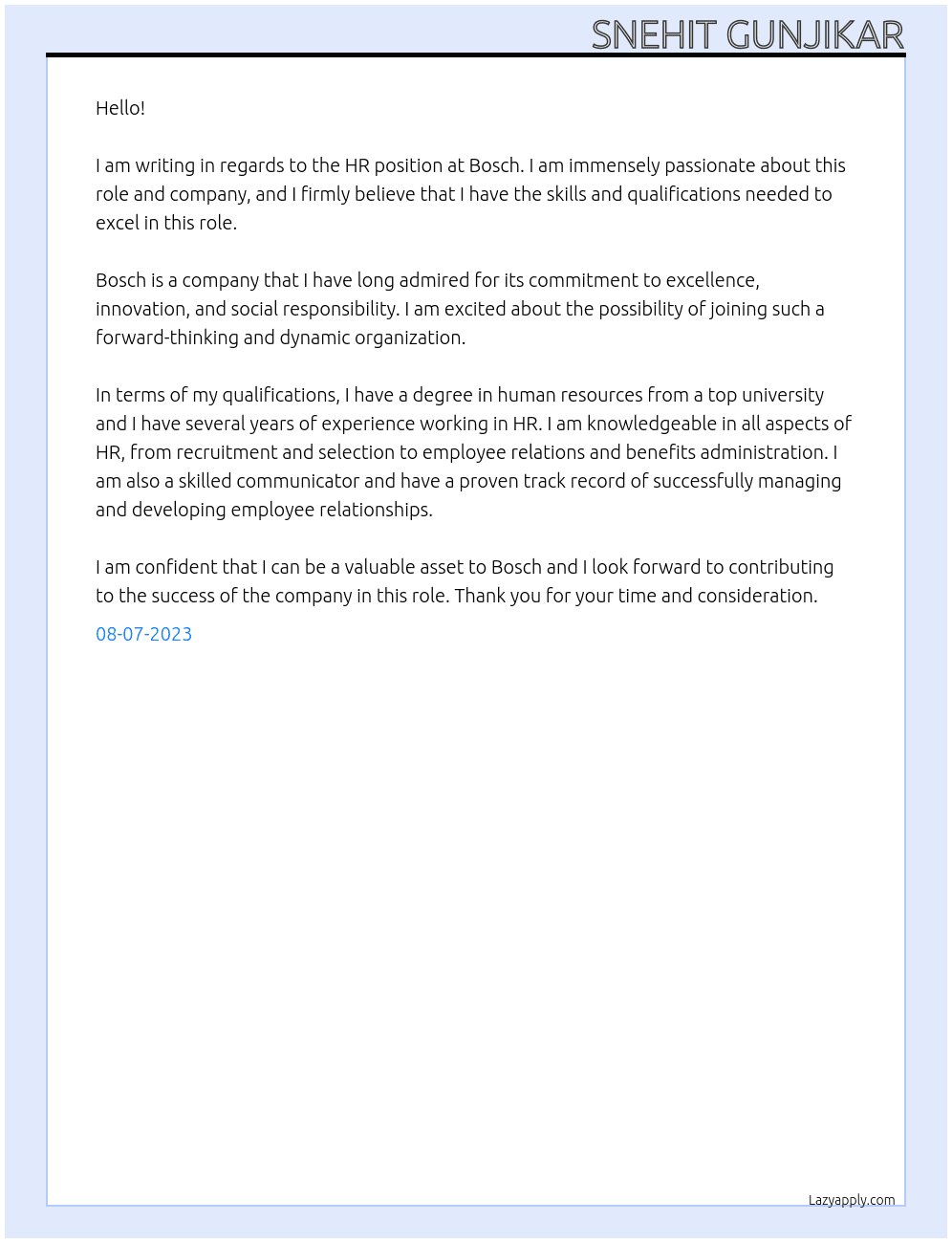 HR At Bosch Cover Letter