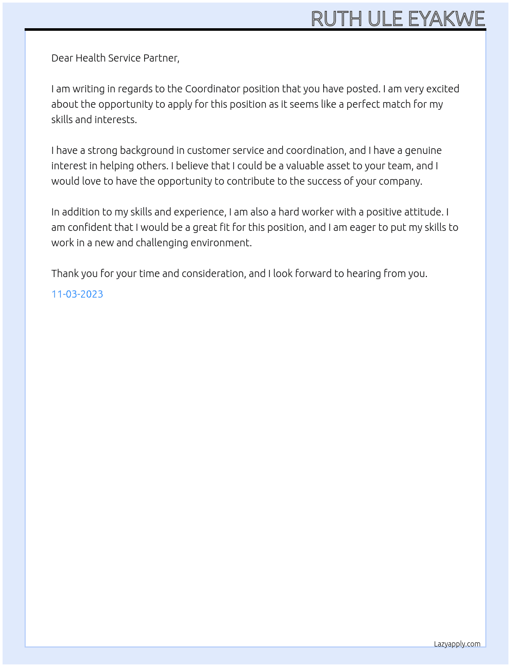 Coordinator  At Health Service Partner Cover Letter