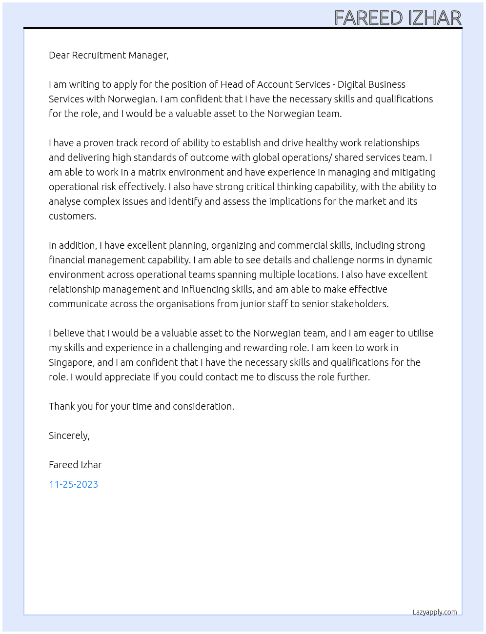 Head of account Services At Norwegian Cover Letter