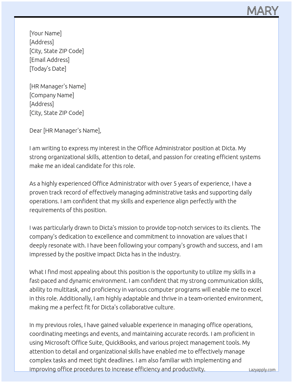 Office Administrator  At Dicta Cover Letter
