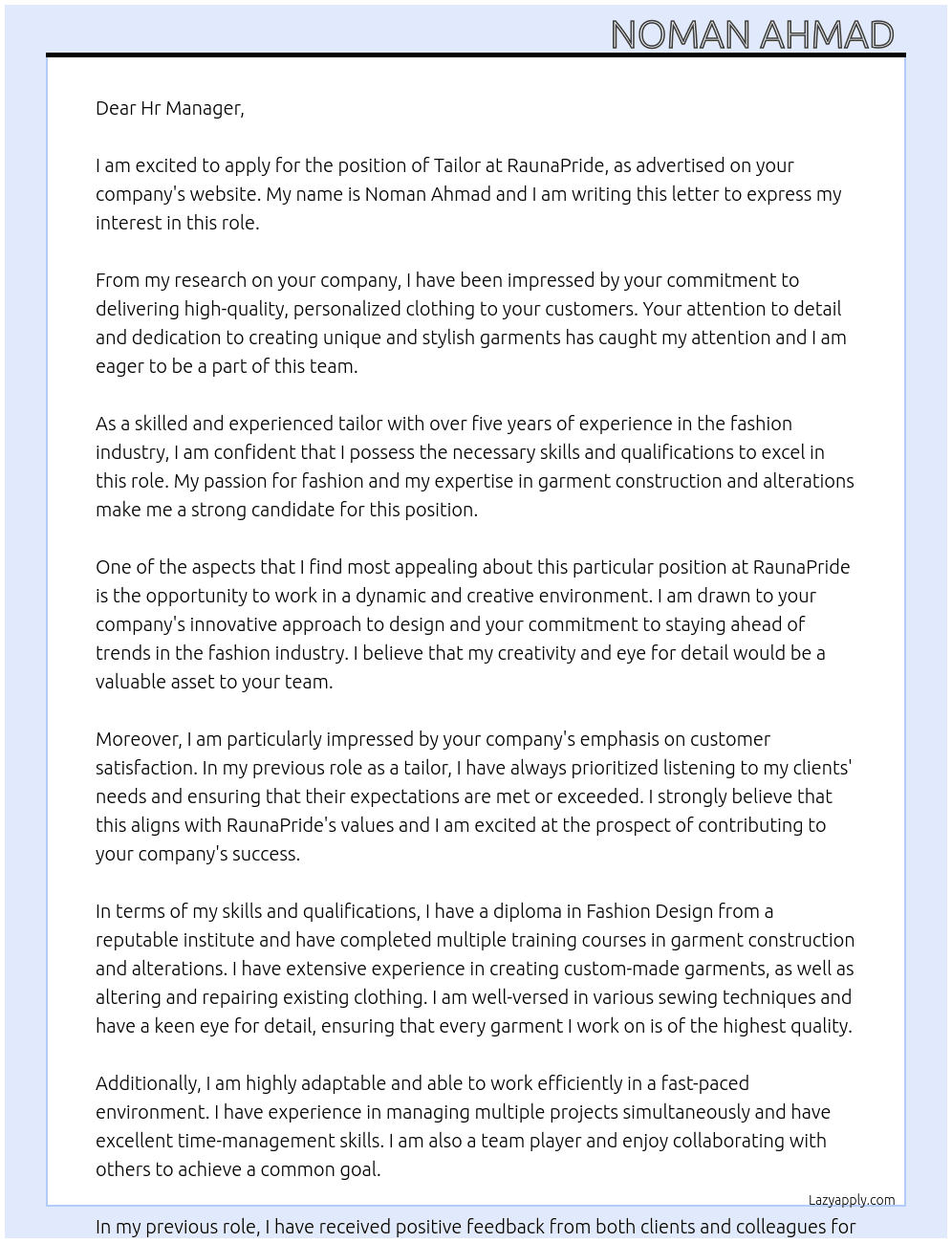Tailor At RaunaPride  Cover Letter