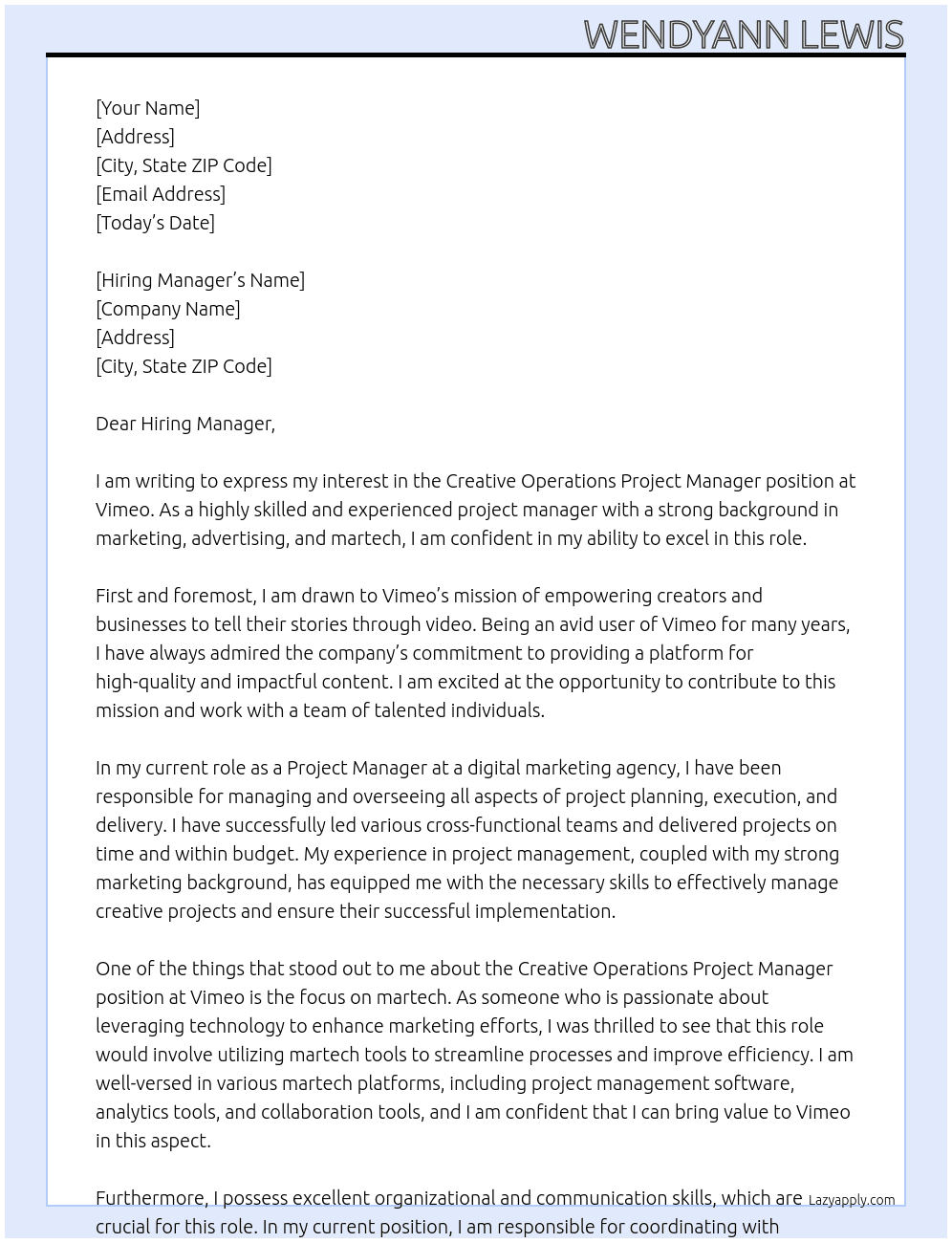 Creative Operations project Manager At Vimeo Cover Letter