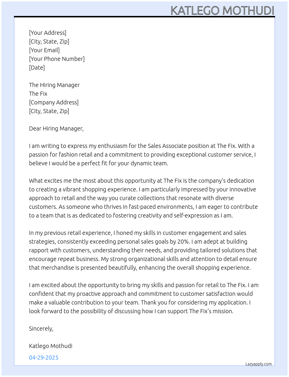 Sale associate  At The fix Cover Letter
