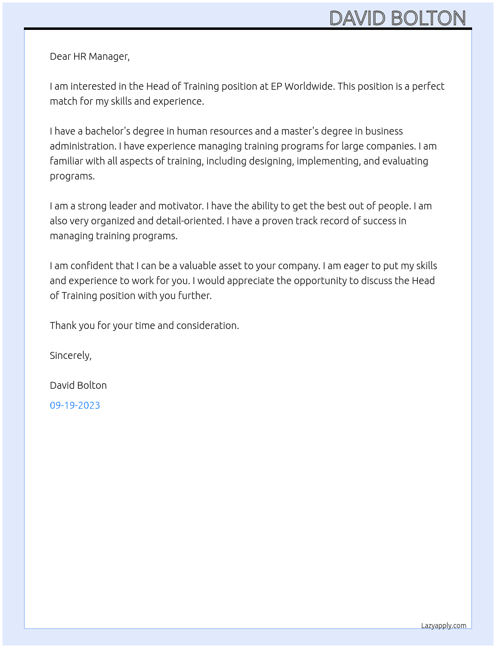 Head of training  At EP Worldwide Cover Letter