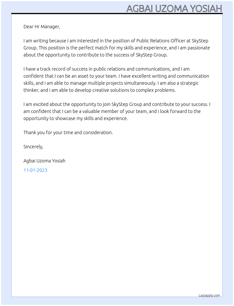 Public Relations Officer At SkyStep Group  Cover Letter
