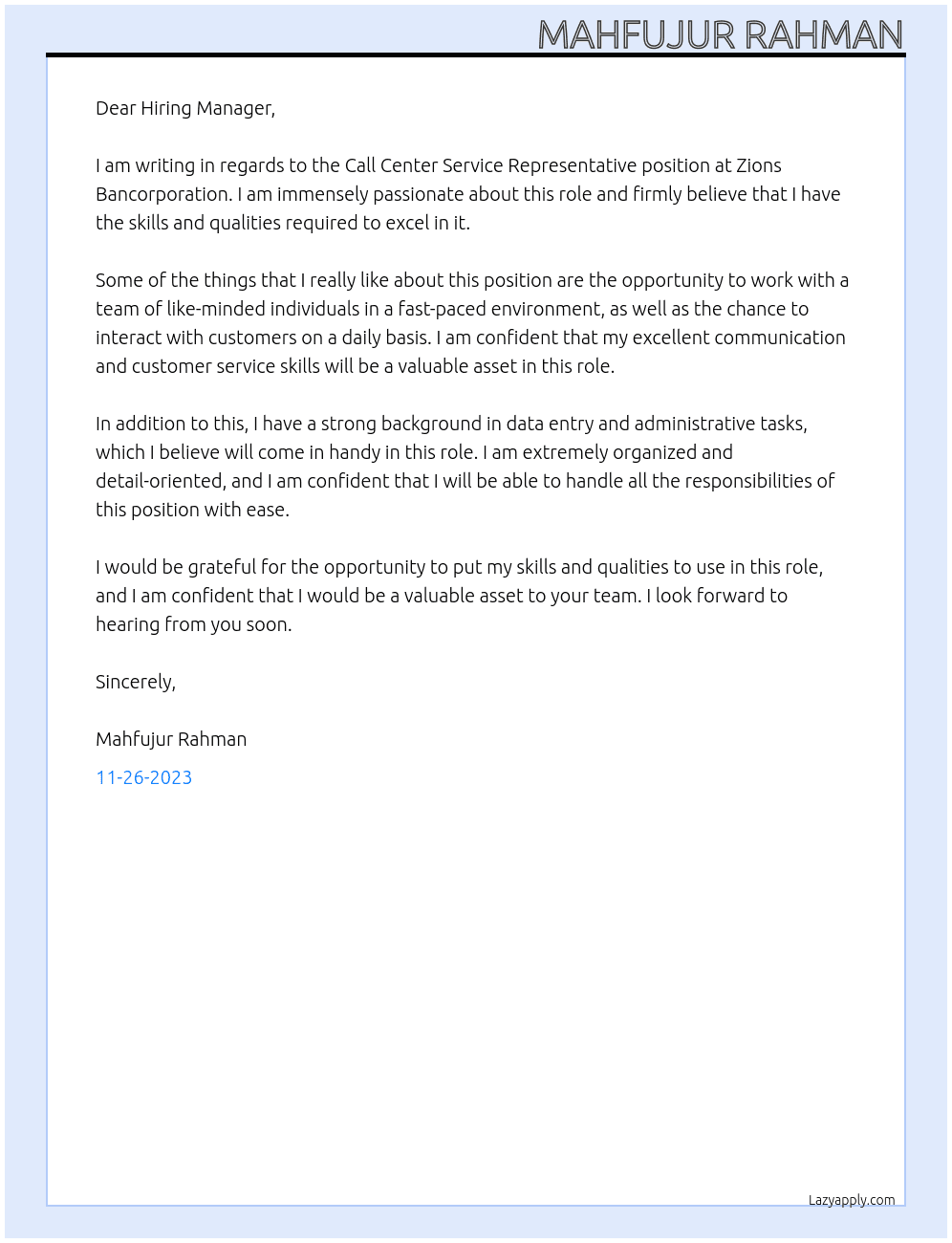 Call Center Service Representative At Zions Bancorporation Cover Letter