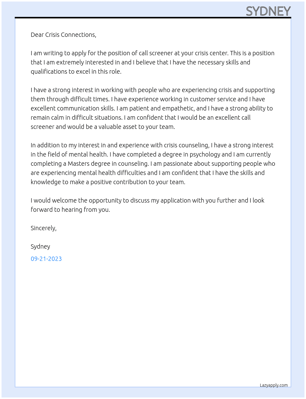call screener at crisis center At Crisis Connections Cover Letter