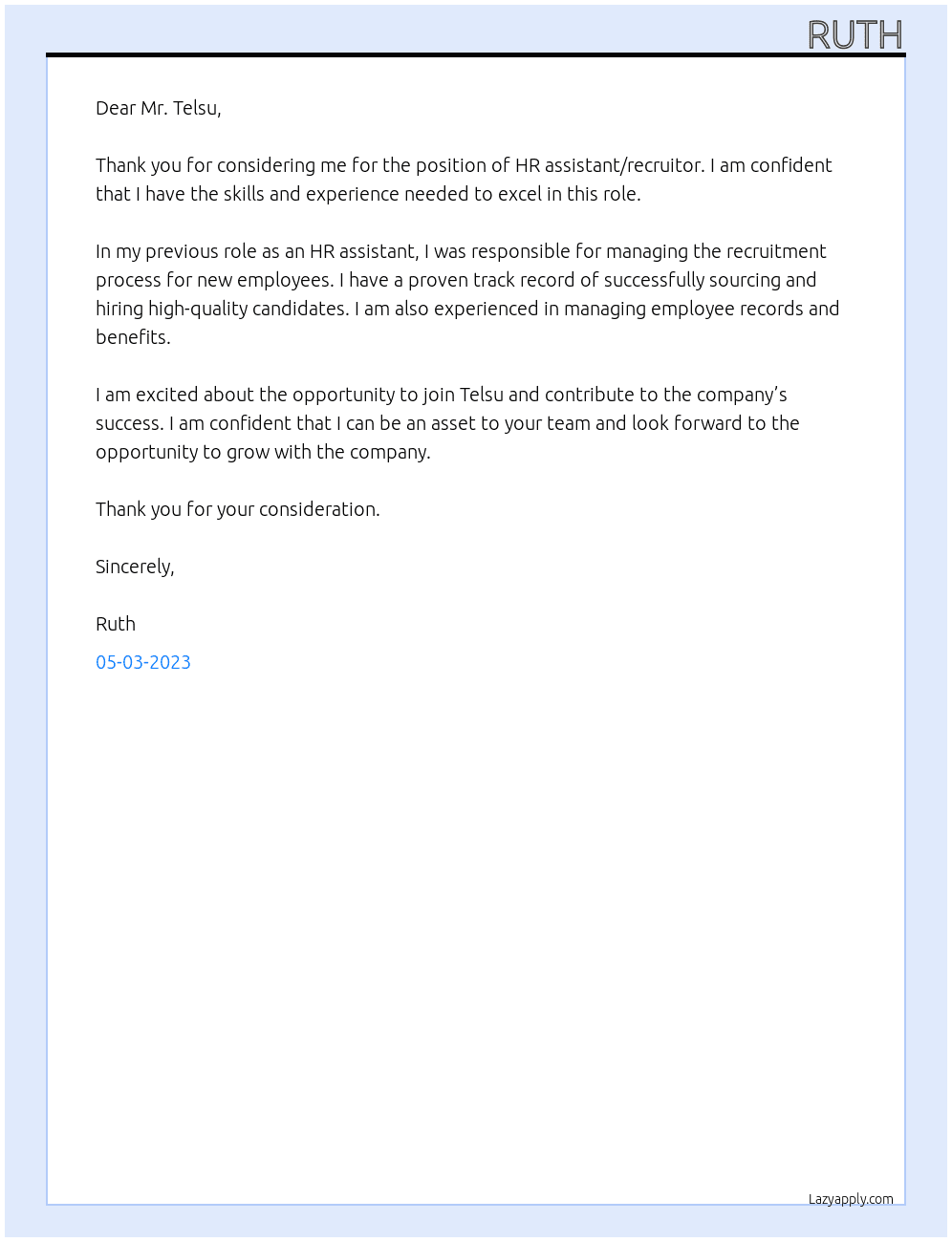 HR assistant/Recruitor At Telsu Cover Letter