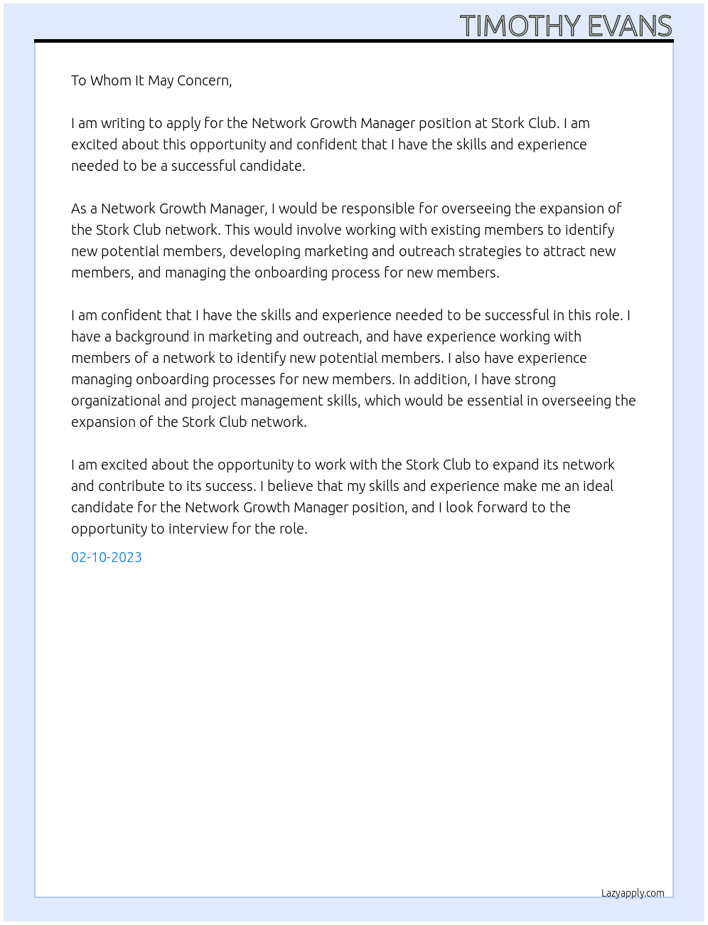 Network Growth Manager At Stork Club Cover Letter