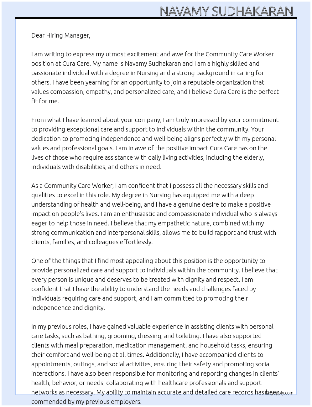 Community care worker  At Cura Care Cover Letter