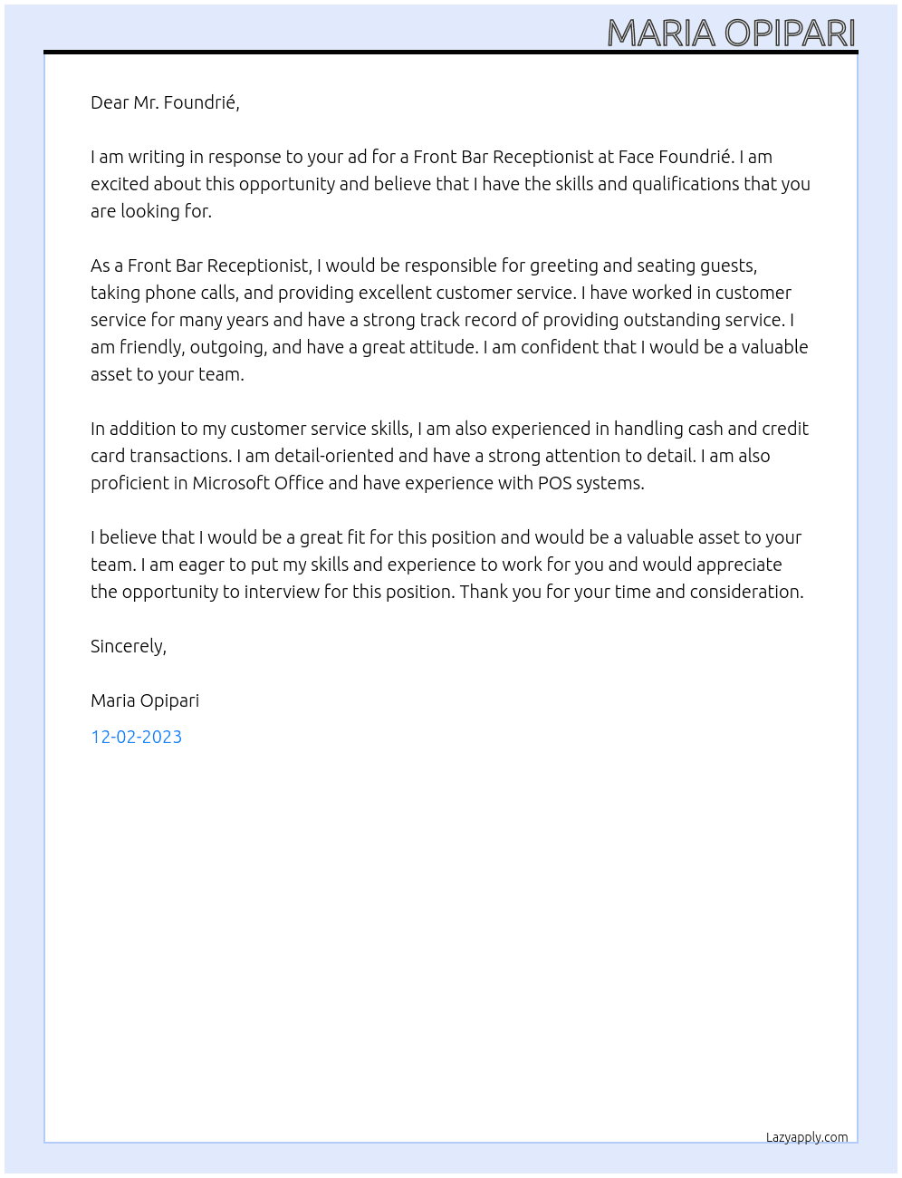 Front Bar Receptionist At Face Foundrié Cover Letter