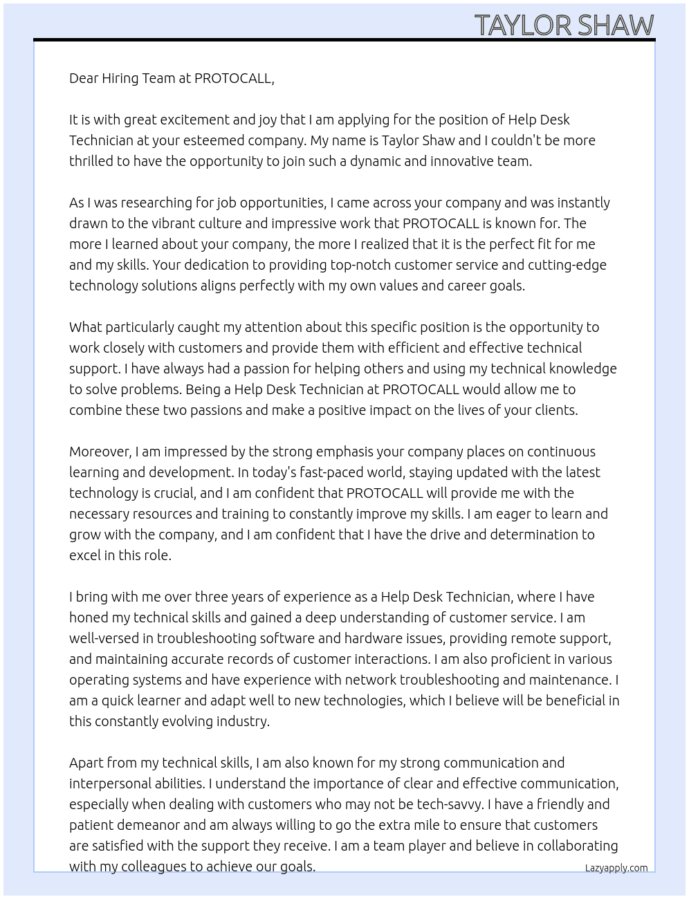 Help Desk Technician  At PROTOCALL Cover Letter