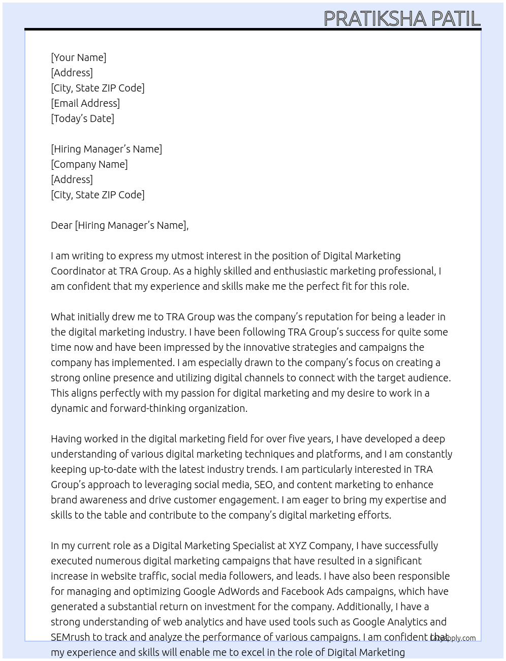 Digital Marketing Coordinator At TRA Group Cover Letter