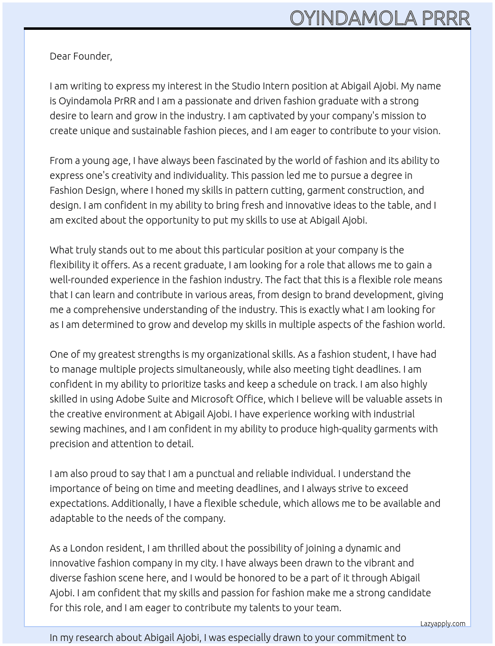 Studio Intern  At Abigail Ajobi Cover Letter