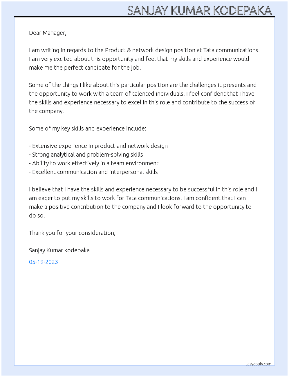 Product & network design  At Tata communications Cover Letter