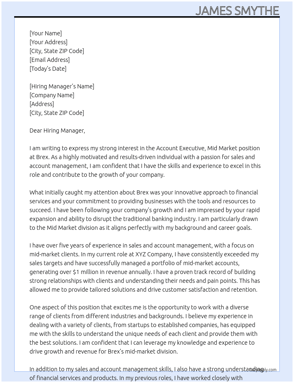 Account Executive, Mid Market At Brex Cover Letter