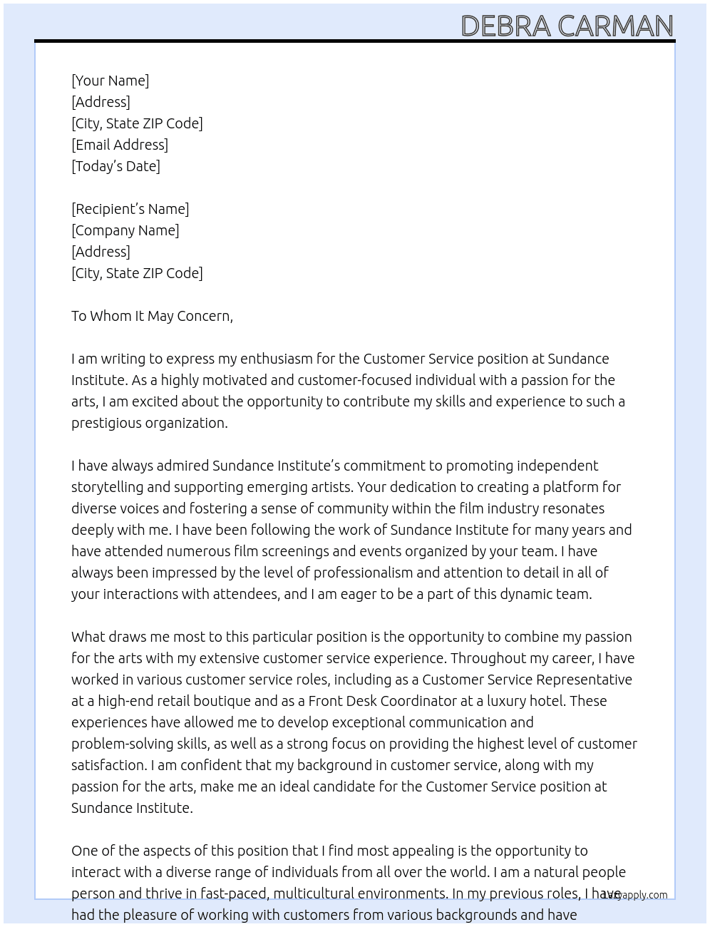 Customer Service At Sundance Institute Cover Letter