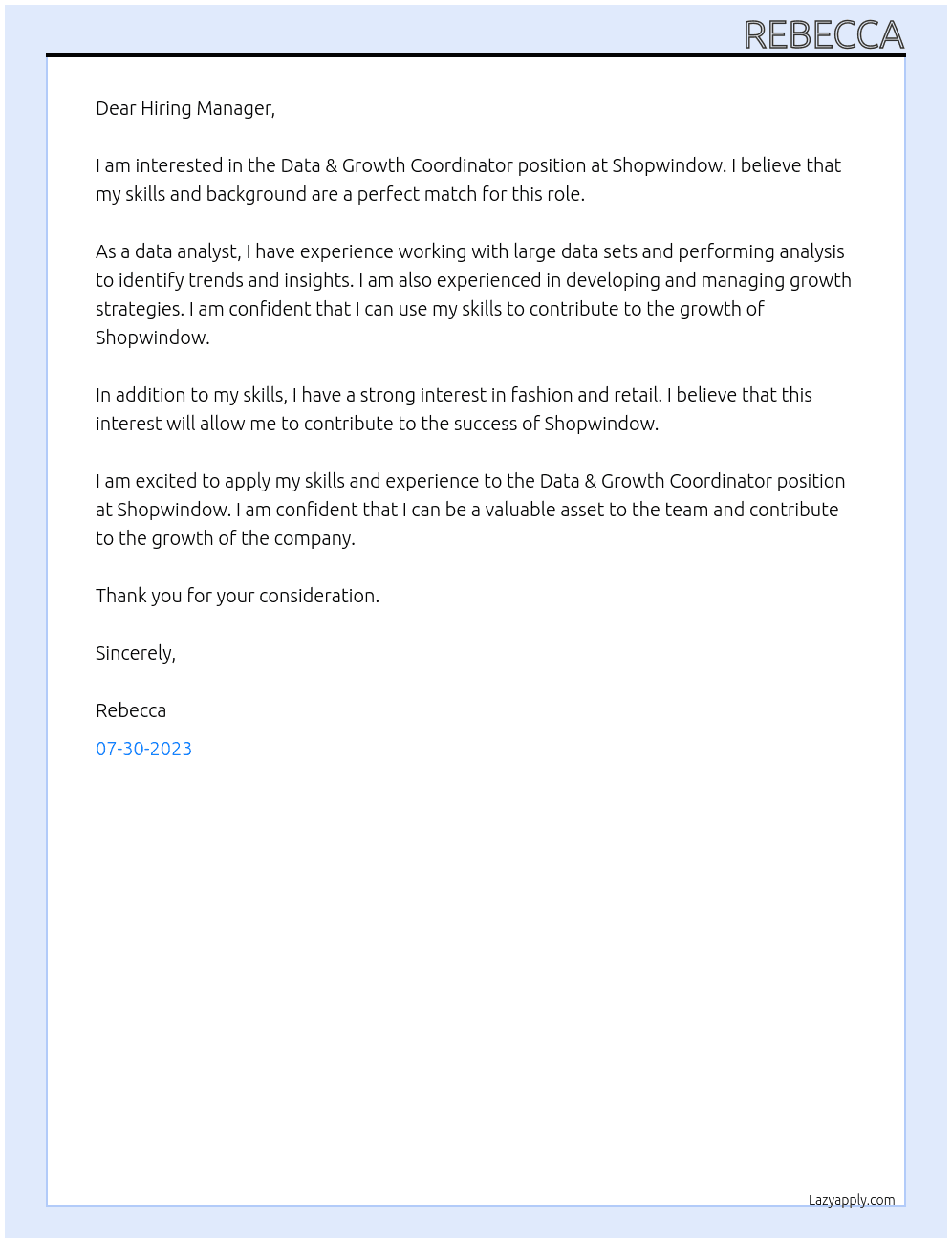 Data & Growth Coordinator  At Shopwindow Cover Letter