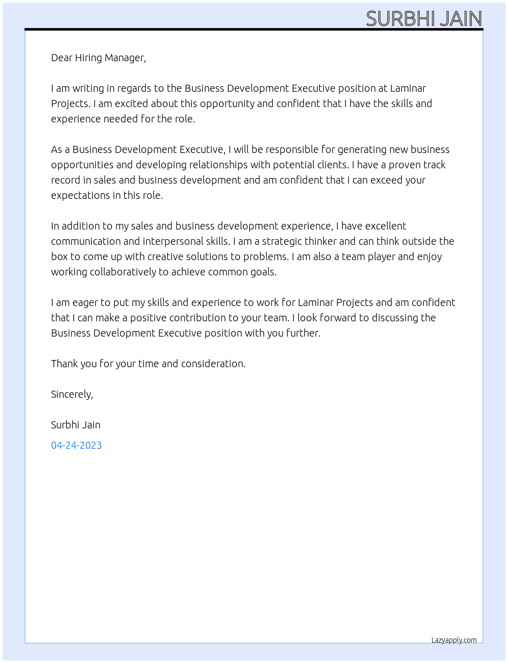 Business Development Executive At Laminar Projects Cover Letter