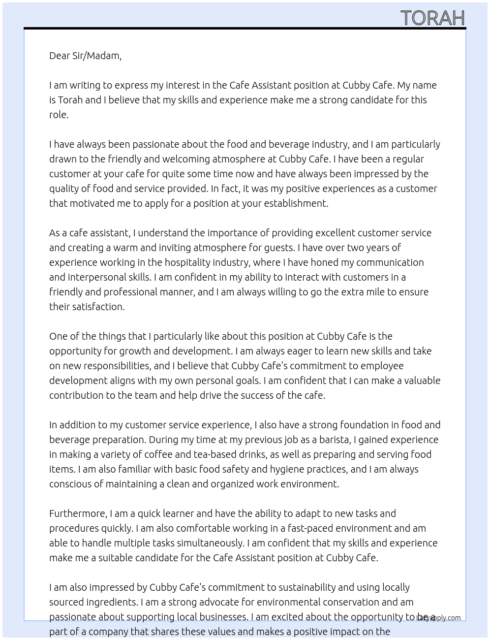 cafe assistant At Cubby cafe Cover Letter