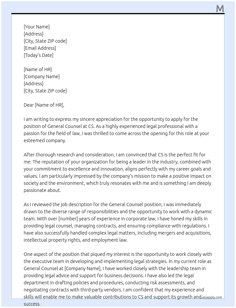General Counsel At CS Cover Letter