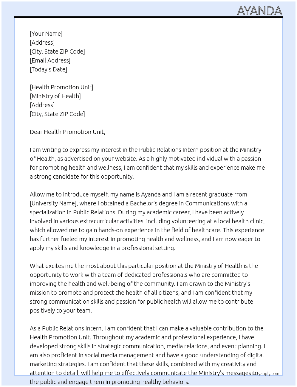 public relations intern At ministry of health Cover Letter