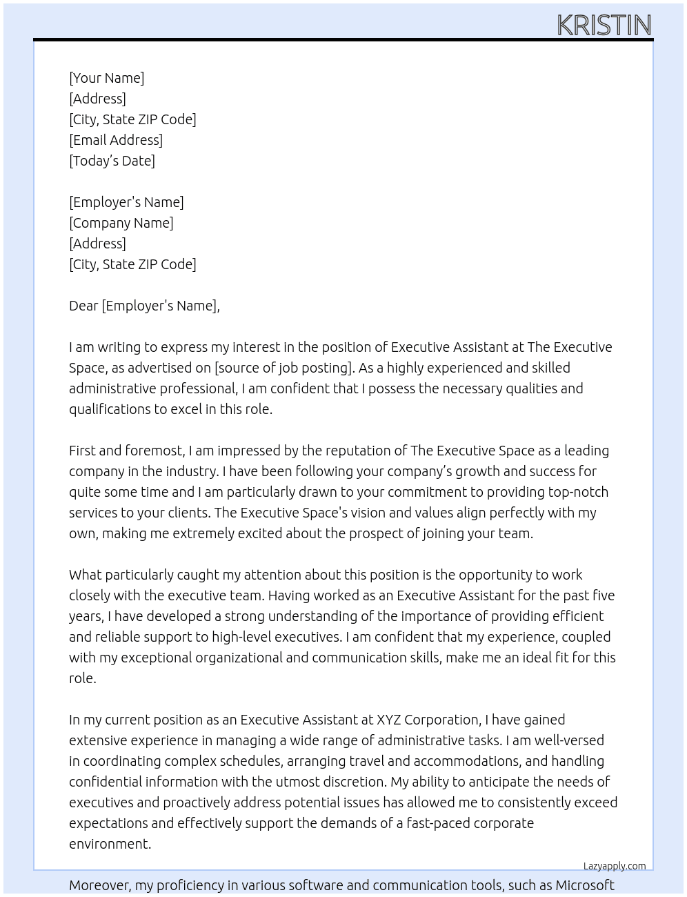 Executive assistant  At The executive space Cover Letter
