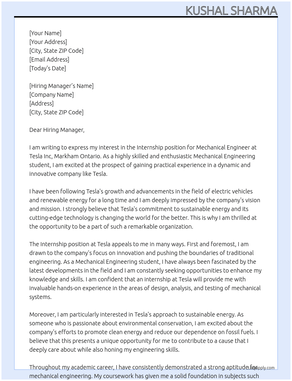 Intership - Mechanical Engineer At Tesla Inc, Markham Ontario Cover Letter