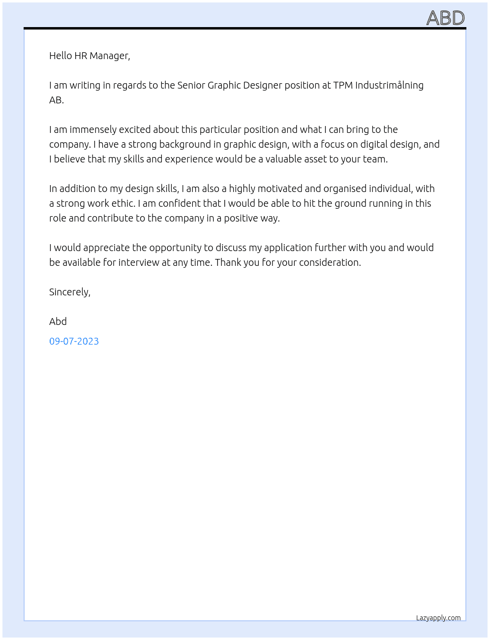 senior graphic designer  At TPM Industrimålning AB Cover Letter