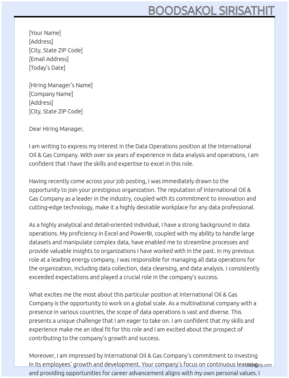 Data Operations At International Oil & Gas Company Cover Letter