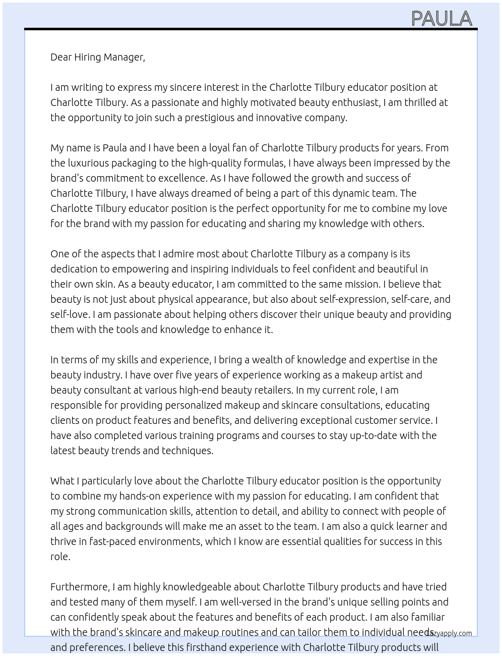  Charlotte Tilbury educator  At Charlotte Tilbury  Cover Letter