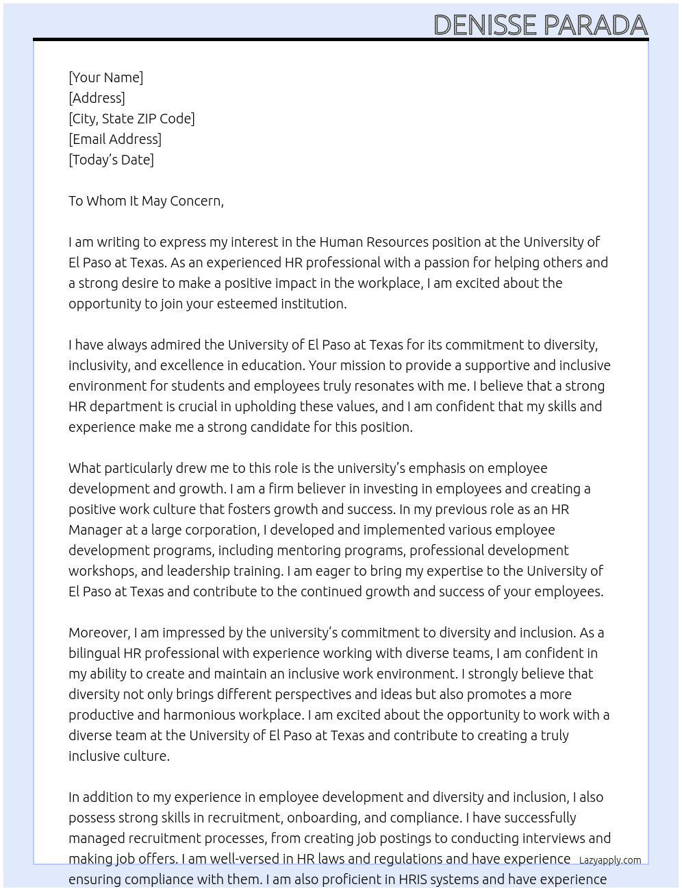 Human Resources  At University of El Paso at Texas  Cover Letter
